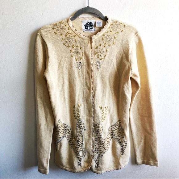Storybook Knits Holiday Sweater Beaded Sequins Reindeer Cardigan S NWT Christmas - Picture 1 of 17